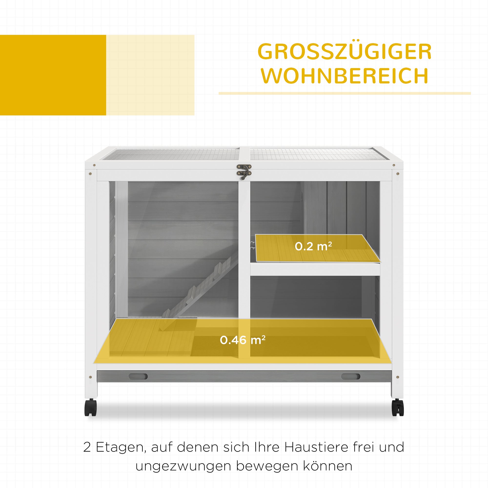Rabbit Hutch made of wood Bunny Hutch with 2 levels Playpen Wheels Hinged roof Ramp Tray, Winterproof Guinea Pig Hutch Small Animal Hutch Rabbit Cage for indoors, 91.5 x 53.3 x 73 cm Gray