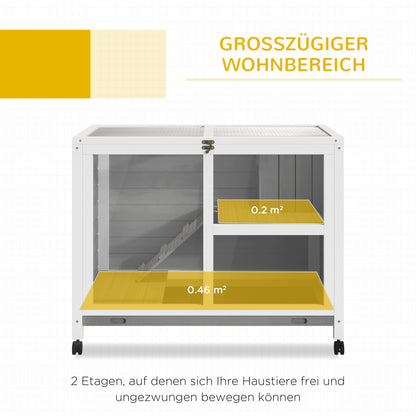 Rabbit Hutch made of wood Bunny Hutch with 2 levels Playpen Wheels Hinged roof Ramp Tray, Winterproof Guinea Pig Hutch Small Animal Hutch Rabbit Cage for indoors, 91.5 x 53.3 x 73 cm Gray