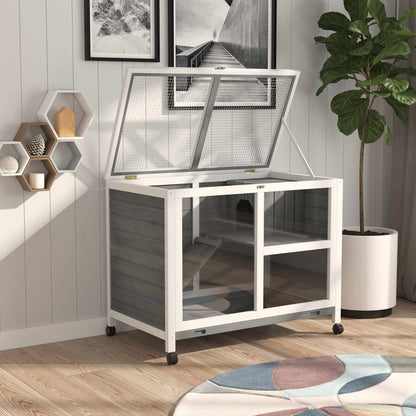 Rabbit Hutch made of wood Bunny Hutch with 2 levels Playpen Wheels Hinged roof Ramp Tray, Winterproof Guinea Pig Hutch Small Animal Hutch Rabbit Cage for indoors, 91.5 x 53.3 x 73 cm Gray