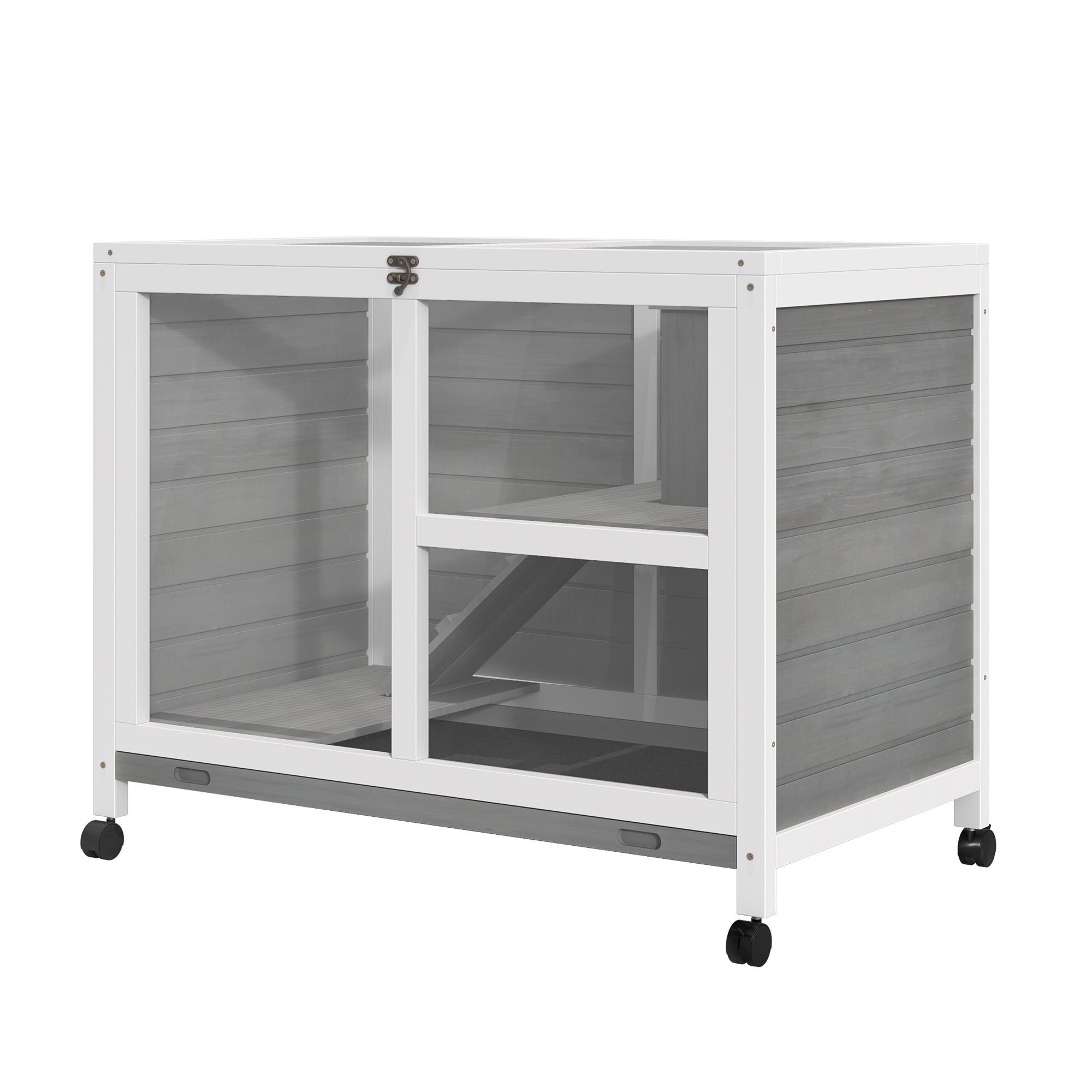 Rabbit Hutch made of wood Bunny Hutch with 2 levels Playpen Wheels Hinged roof Ramp Tray, Winterproof Guinea Pig Hutch Small Animal Hutch Rabbit Cage for indoors, 91.5 x 53.3 x 73 cm Gray