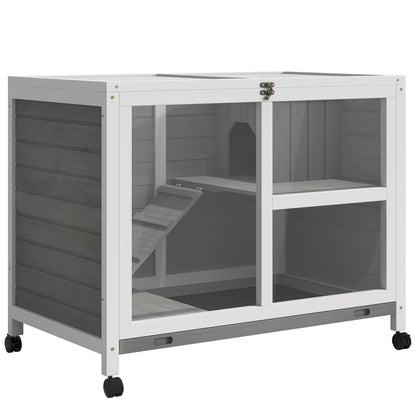 Rabbit Hutch made of wood Bunny Hutch with 2 levels Playpen Wheels Hinged roof Ramp Tray, Winterproof Guinea Pig Hutch Small Animal Hutch Rabbit Cage for indoors, 91.5 x 53.3 x 73 cm Gray