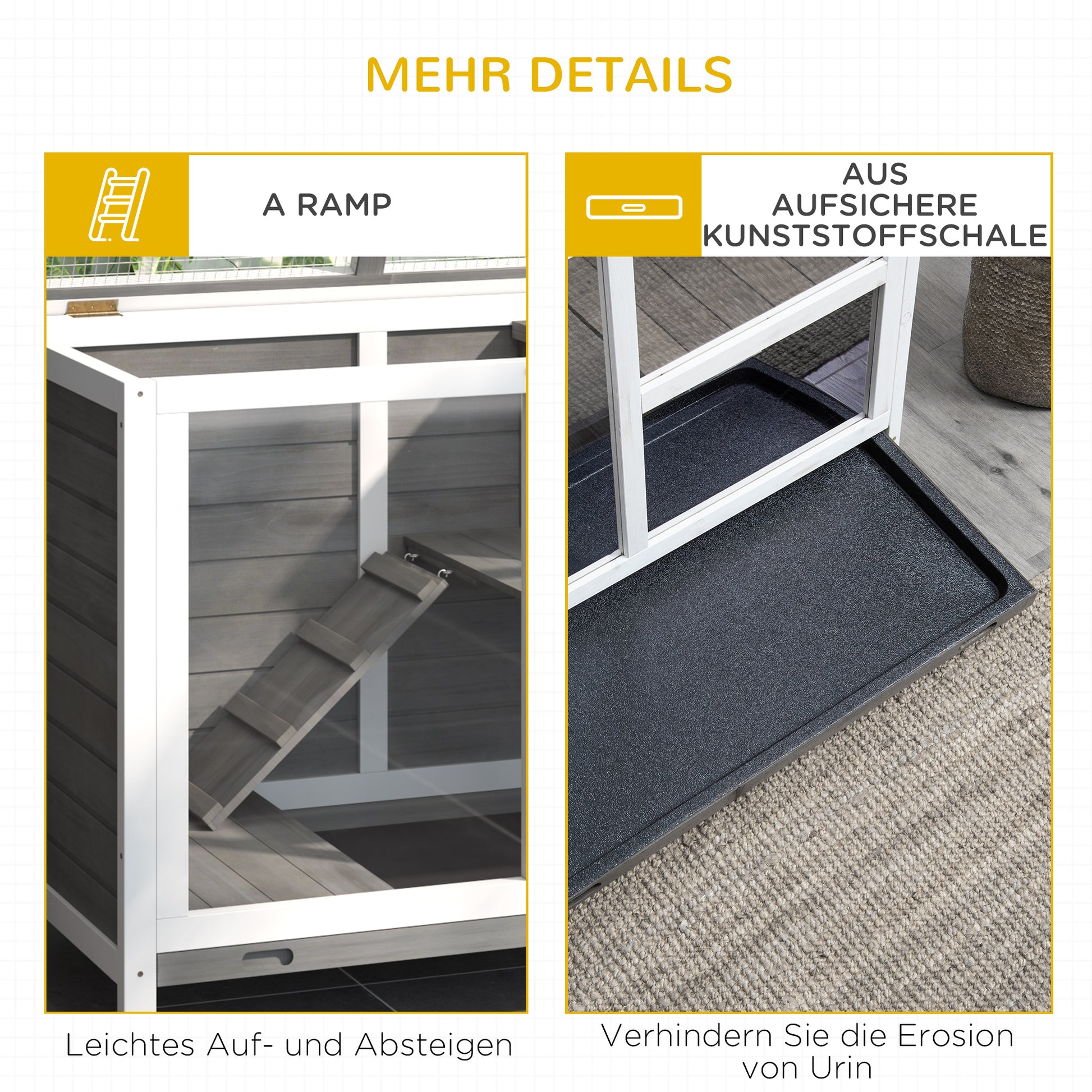Rabbit Hutch made of wood Bunny Hutch with 2 levels Playpen Wheels Hinged roof Ramp Tray, Winterproof Guinea Pig Hutch Small Animal Hutch Rabbit Cage for indoors, 91.5 x 53.3 x 73 cm Gray