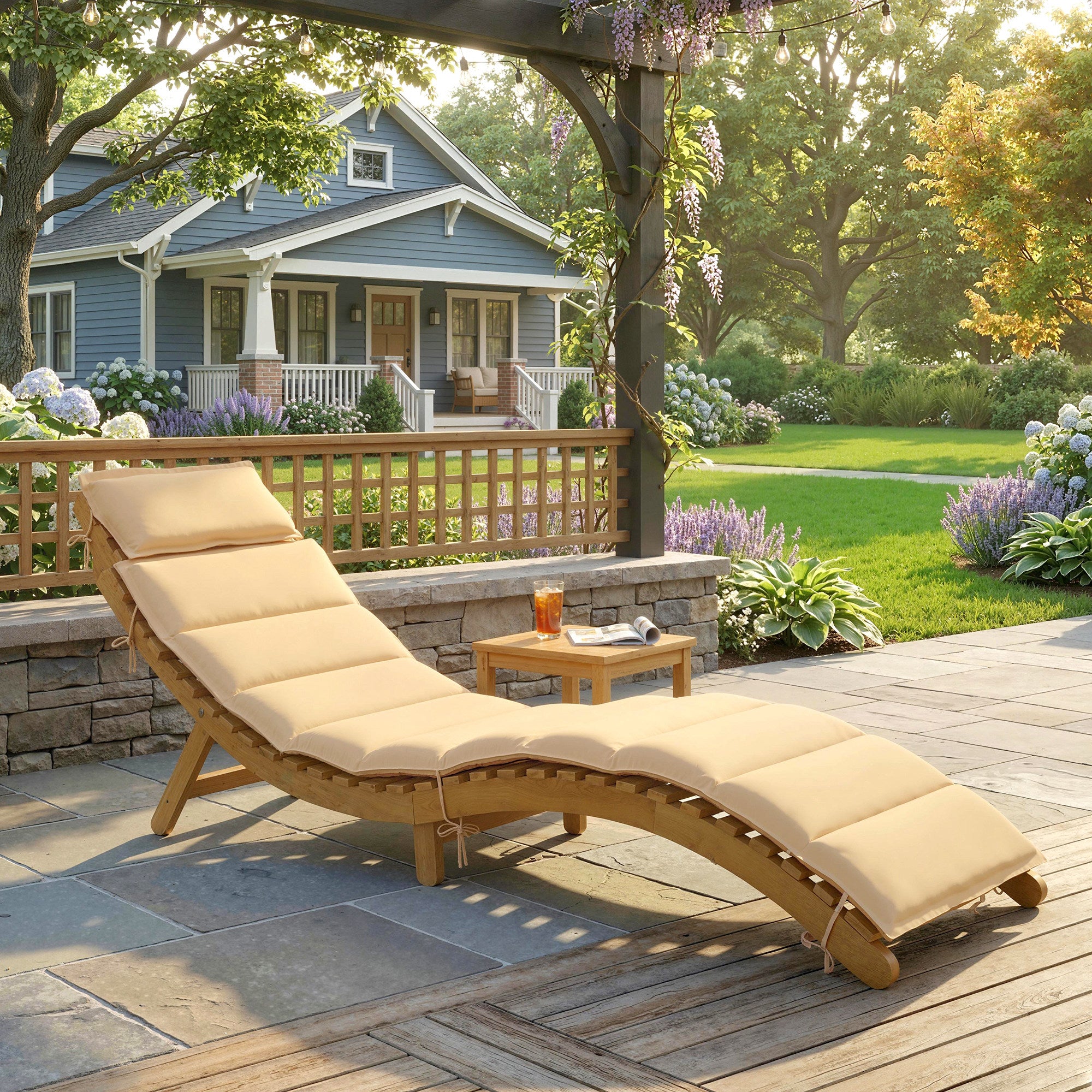 Folding Wooden Sun Lounger, Weather-Resistant Acacia Deck Chair with Cushion & Headrest, Carry Handle — Beige, 72 x 21.3 x 24.8 in (183 x 54 x 63 cm), Up to 265 lb