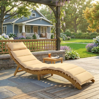 Folding Wooden Sun Lounger, Weather-Resistant Acacia Deck Chair with Cushion & Headrest, Carry Handle — Beige, 72 x 21.3 x 24.8 in (183 x 54 x 63 cm), Up to 265 lb