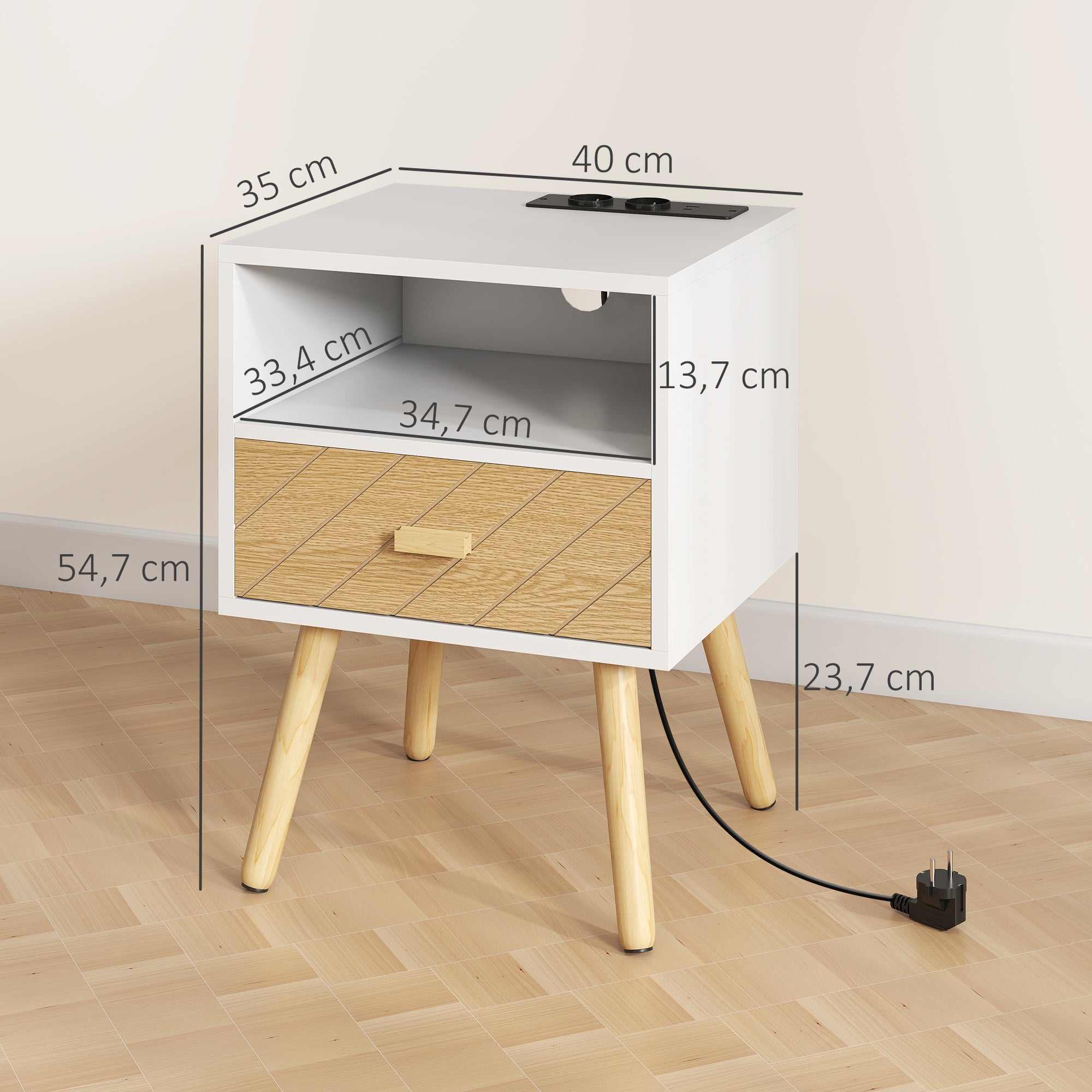 Nightstand with Charging Station, Drawer, 2 AC Outlets, USB & USB-C, Open Shelf, Pine Legs, White