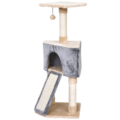 Cat Scratching Tree 40x40x98 cm with Cave Hanging Toy Ramp Scratcher and Sisal Rope Posts Gray and Beige