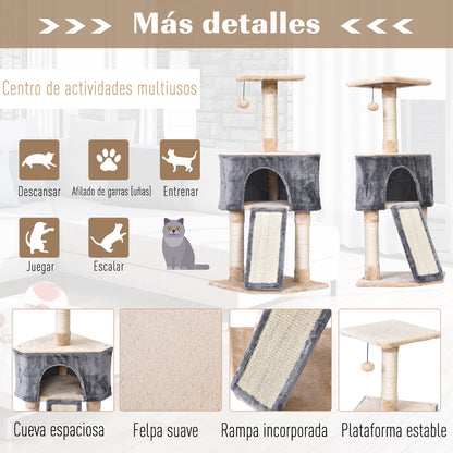 Cat Scratching Tree 40x40x98 cm with Cave Hanging Toy Ramp Scratcher and Sisal Rope Posts Gray and Beige