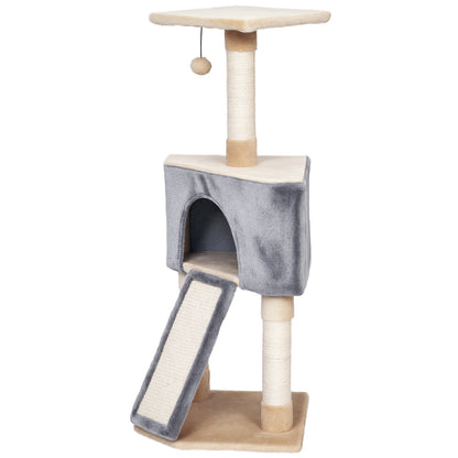 Cat Scratching Tree 40x40x98 cm with Cave Hanging Toy Ramp Scratcher and Sisal Rope Posts Gray and Beige