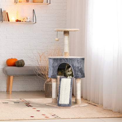 Cat Scratching Tree 40x40x98 cm with Cave Hanging Toy Ramp Scratcher and Sisal Rope Posts Gray and Beige