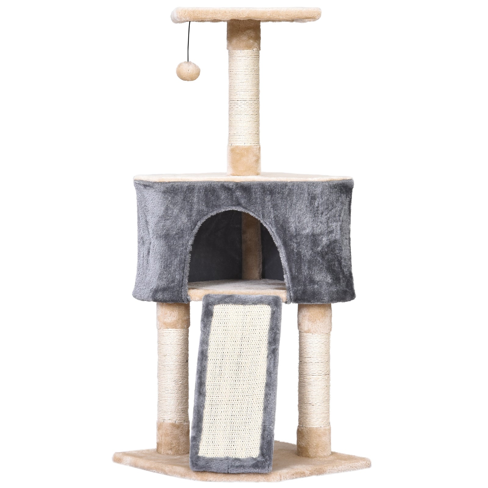 Cat Scratching Tree 40x40x98 cm with Cave Hanging Toy Ramp Scratcher and Sisal Rope Posts Gray and Beige