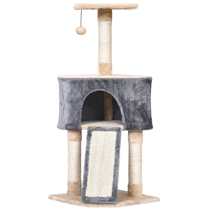 Cat Scratching Tree 40x40x98 cm with Cave Hanging Toy Ramp Scratcher and Sisal Rope Posts Gray and Beige