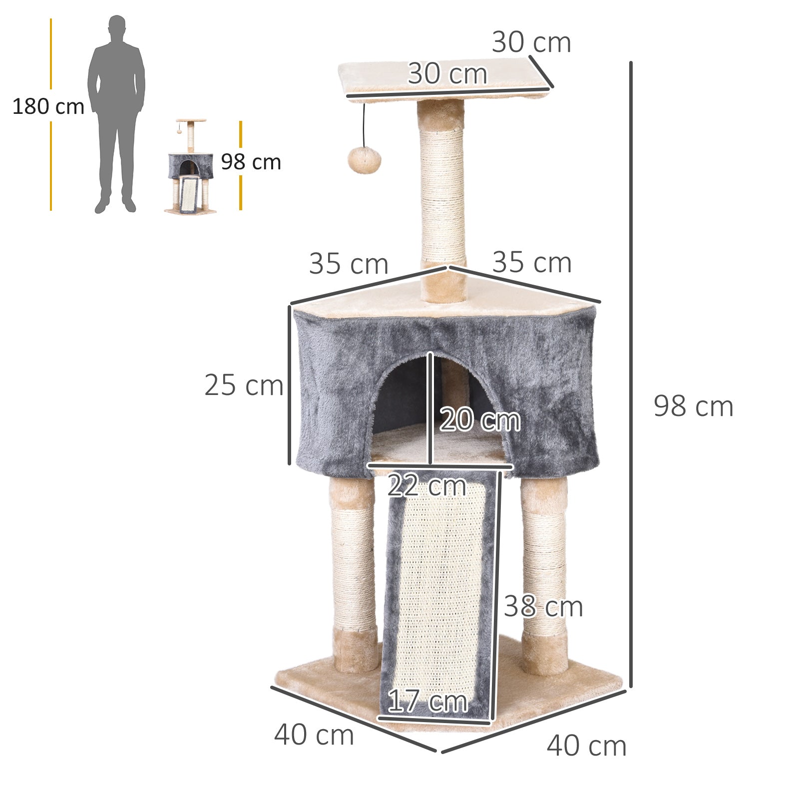 Cat Scratching Tree 40x40x98 cm with Cave Hanging Toy Ramp Scratcher and Sisal Rope Posts Gray and Beige