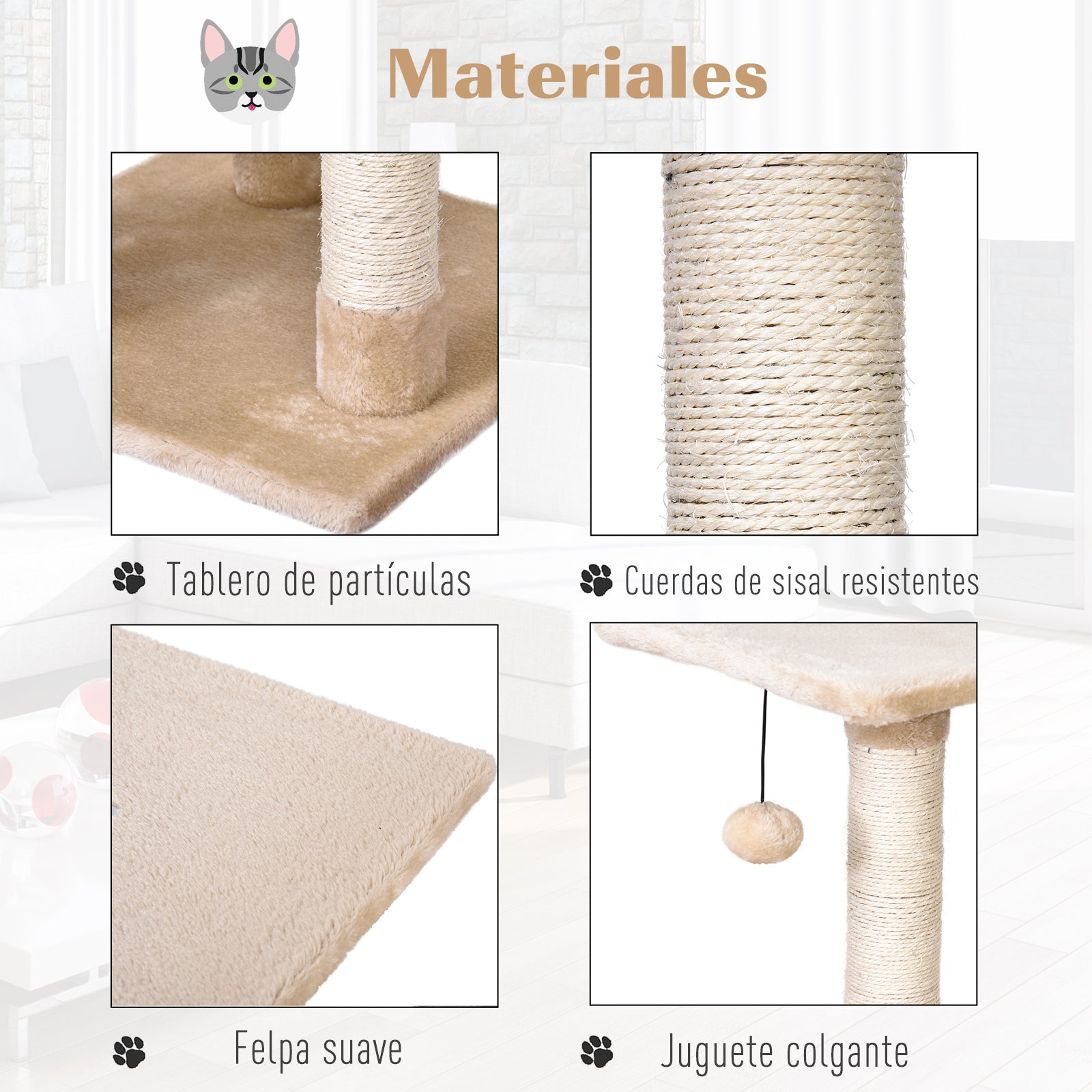 Cat Scratching Tree 40x40x98 cm with Cave Hanging Toy Ramp Scratcher and Sisal Rope Posts Gray and Beige