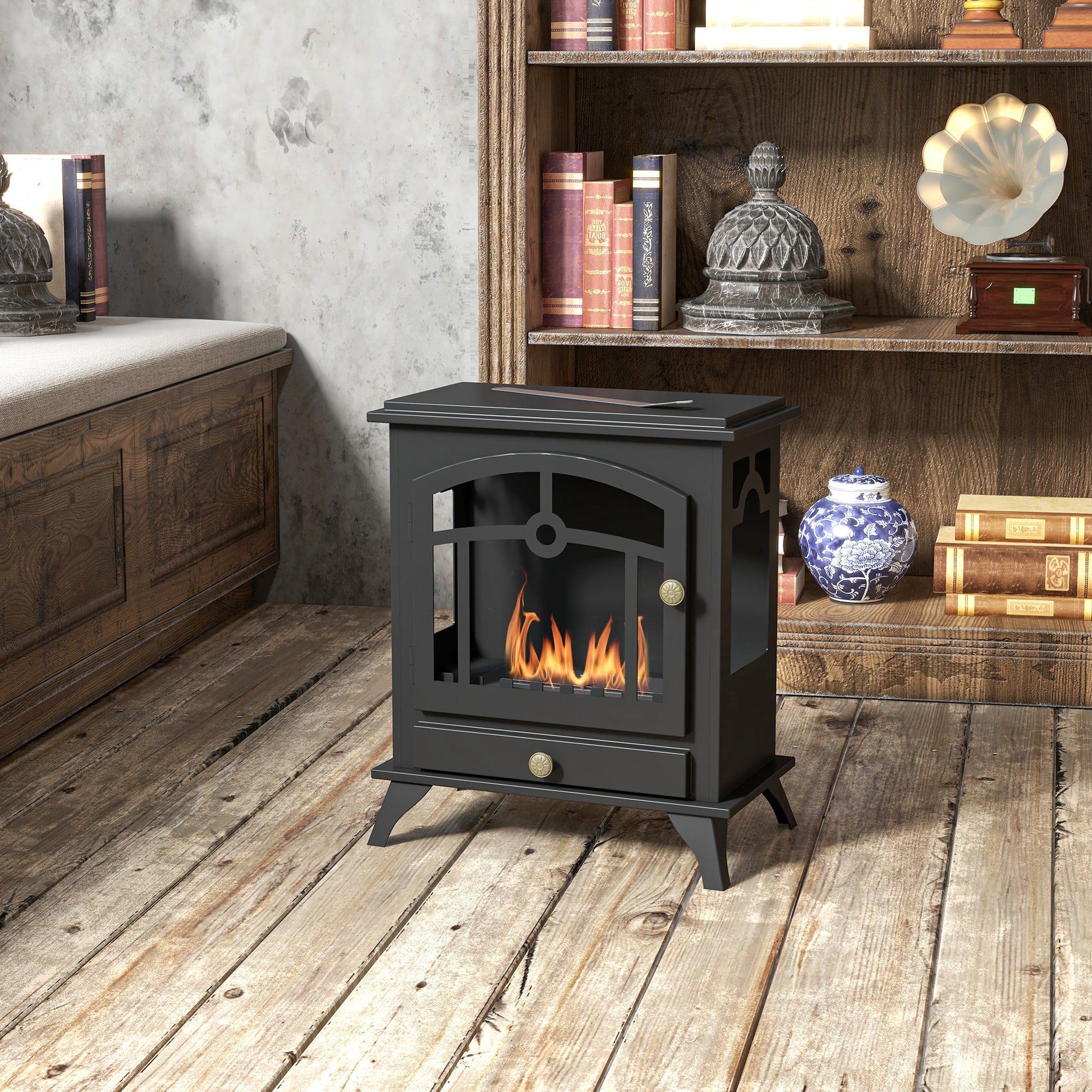 Freestanding Bioethanol Fireplace Stove with 1.2 L Stainless Steel Burner Extinguishing Lamp 3H Combustion Time for Indoors 20-25 m² 45x28x54 cm Black