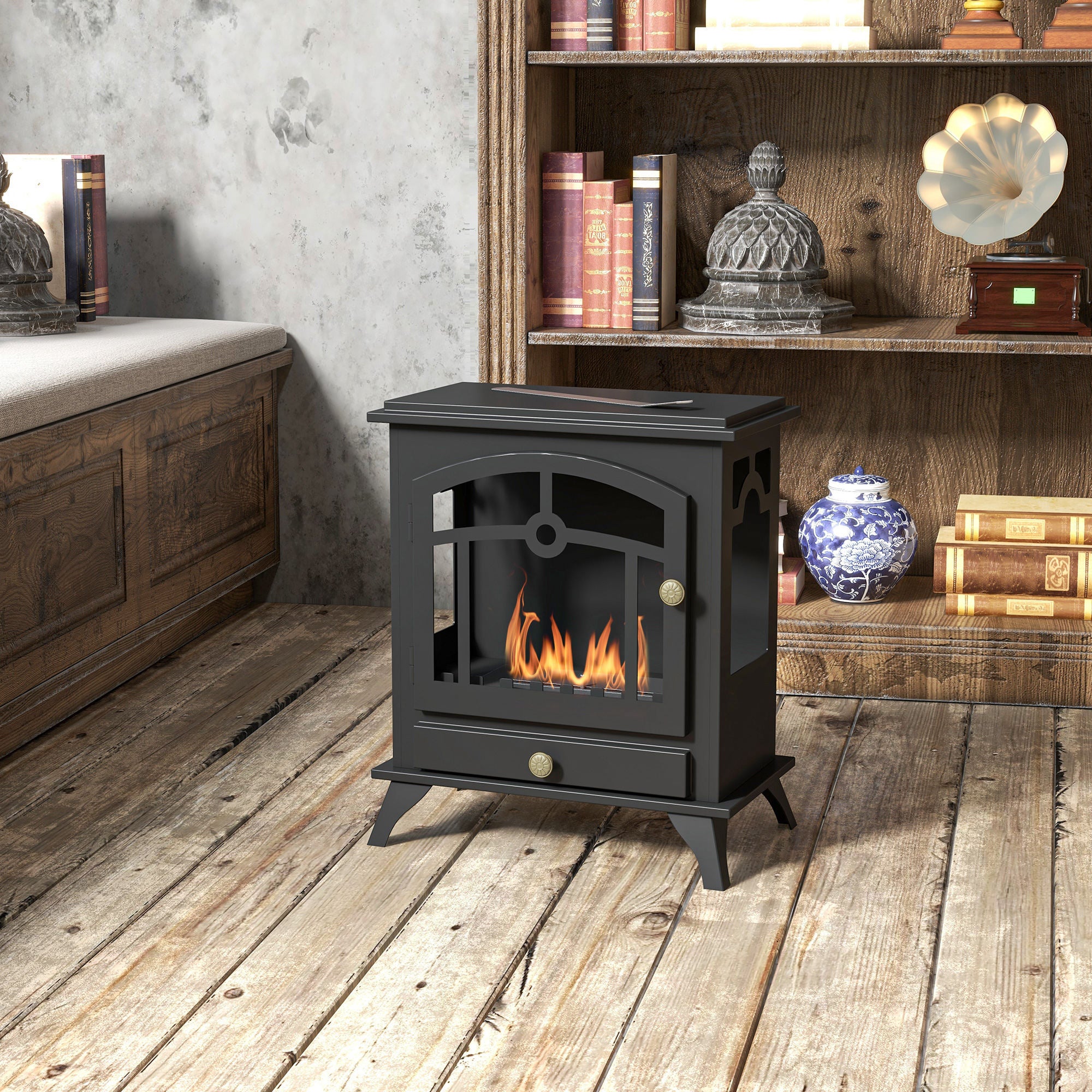 Freestanding Bioethanol Fireplace Stove with 1.2 L Stainless Steel Burner Extinguishing Lamp 3H Combustion Time for Indoors 20-25 m² 45x28x54 cm Black