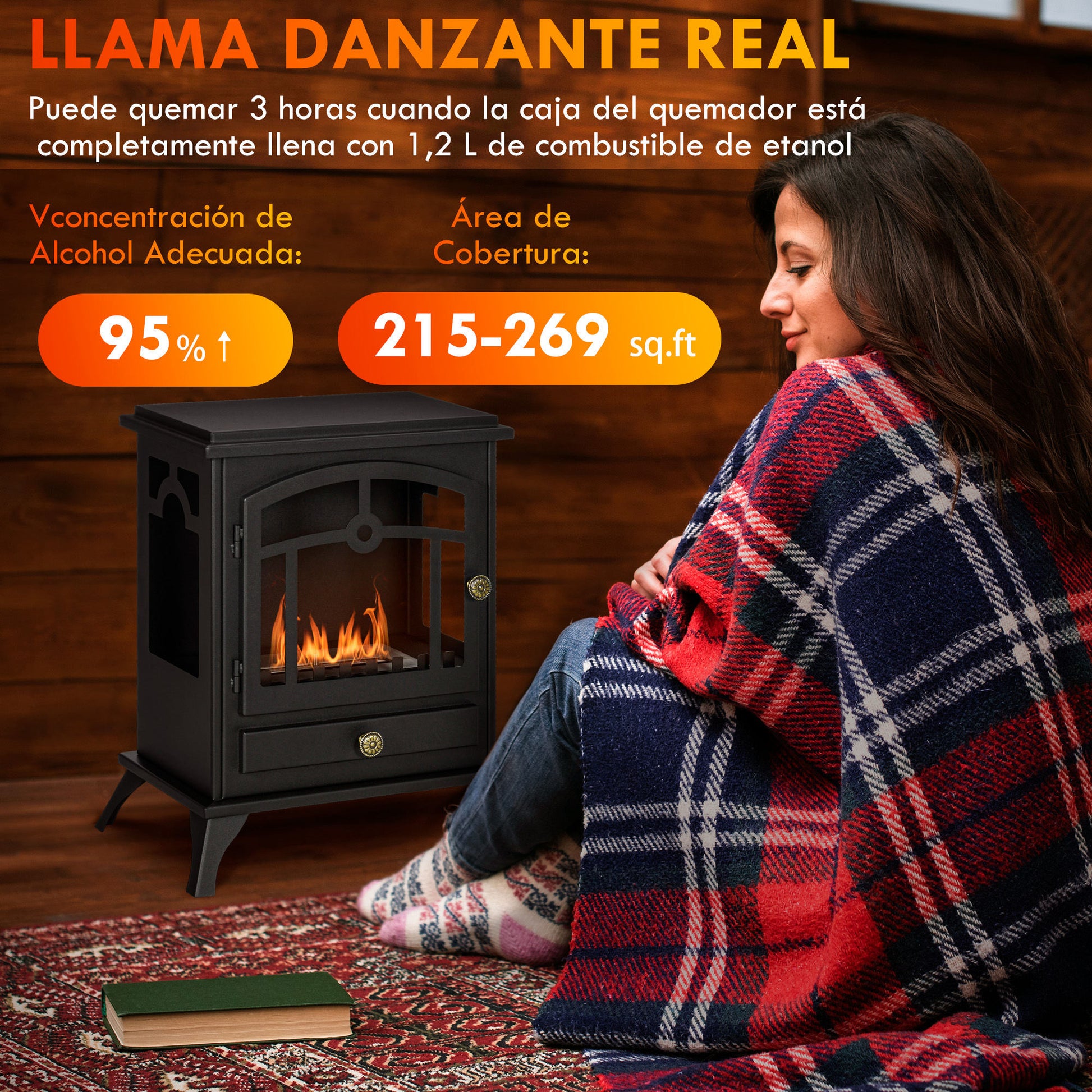 Freestanding Bioethanol Fireplace Stove with 1.2 L Stainless Steel Burner Extinguishing Lamp 3H Combustion Time for Indoors 20-25 m² 45x28x54 cm Black