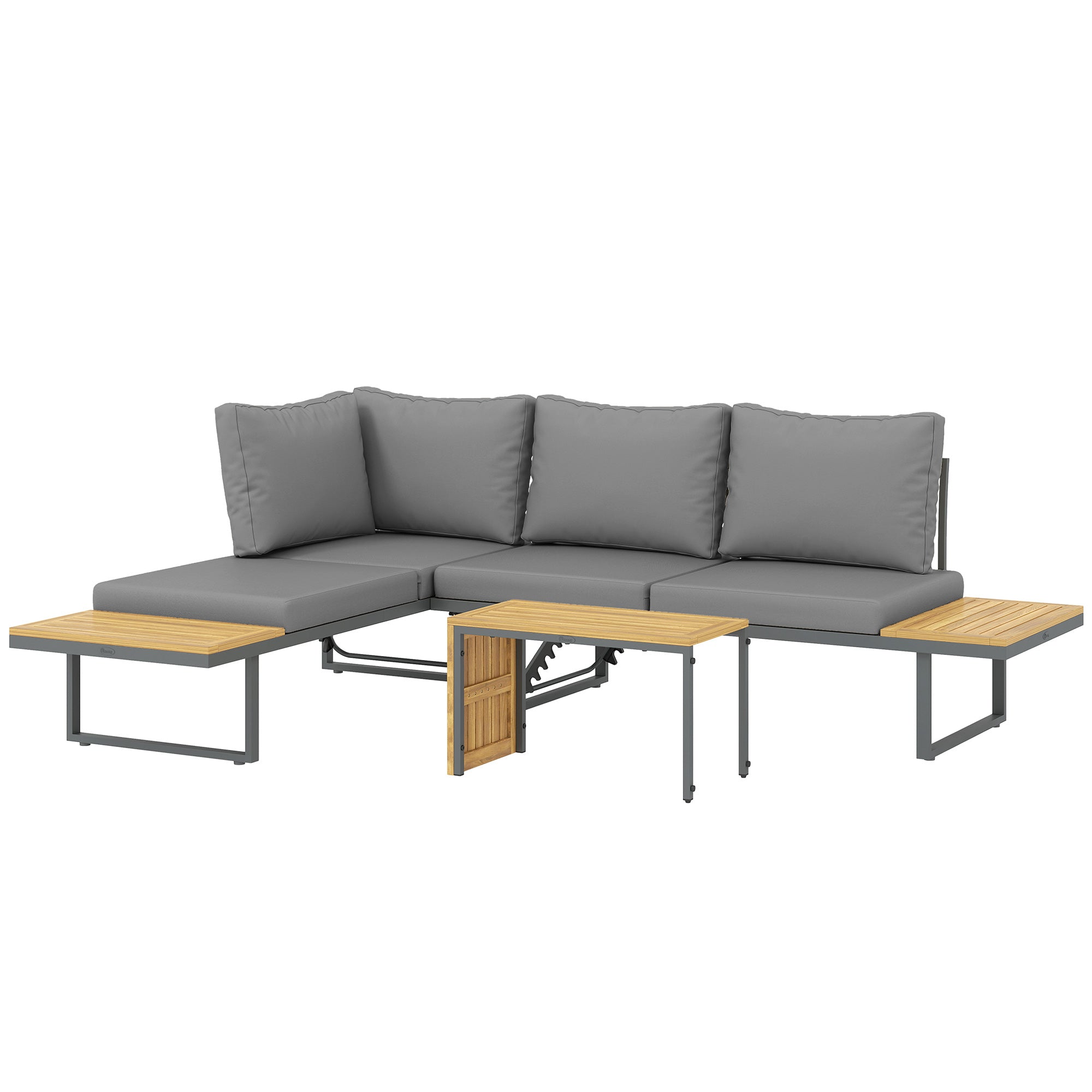 6-Seater Modular Outdoor Corner Garden Set in Acacia Wood with Sofas and Coffee Table, Adjustable Backrests and Cushions Included, Loungers for Garden, Patio, Terrace, Gray