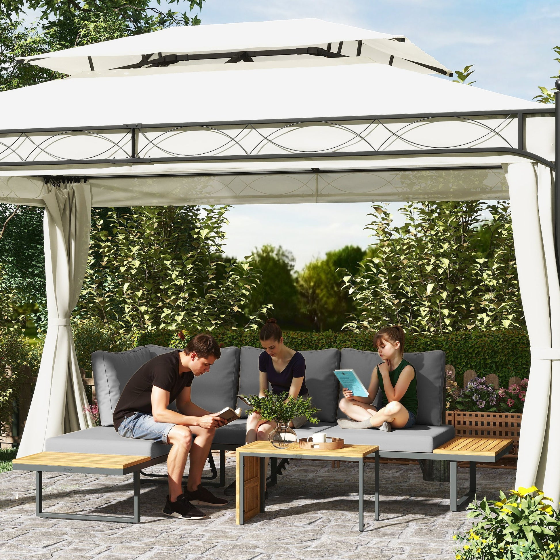 6-Seater Modular Outdoor Corner Garden Set in Acacia Wood with Sofas and Coffee Table, Adjustable Backrests and Cushions Included, Loungers for Garden, Patio, Terrace, Gray