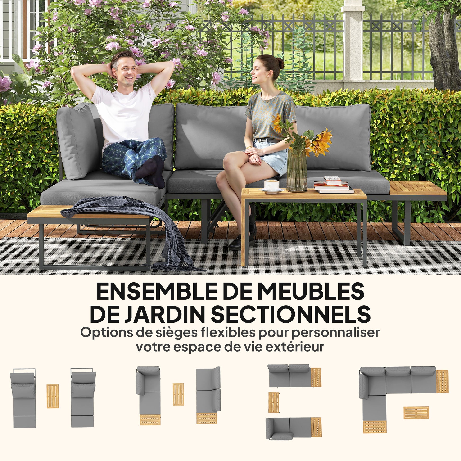 6-Seater Modular Outdoor Corner Garden Set in Acacia Wood with Sofas and Coffee Table, Adjustable Backrests and Cushions Included, Loungers for Garden, Patio, Terrace, Gray