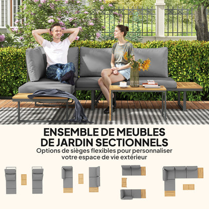 6-Seater Modular Outdoor Corner Garden Set in Acacia Wood with Sofas and Coffee Table, Adjustable Backrests and Cushions Included, Loungers for Garden, Patio, Terrace, Gray