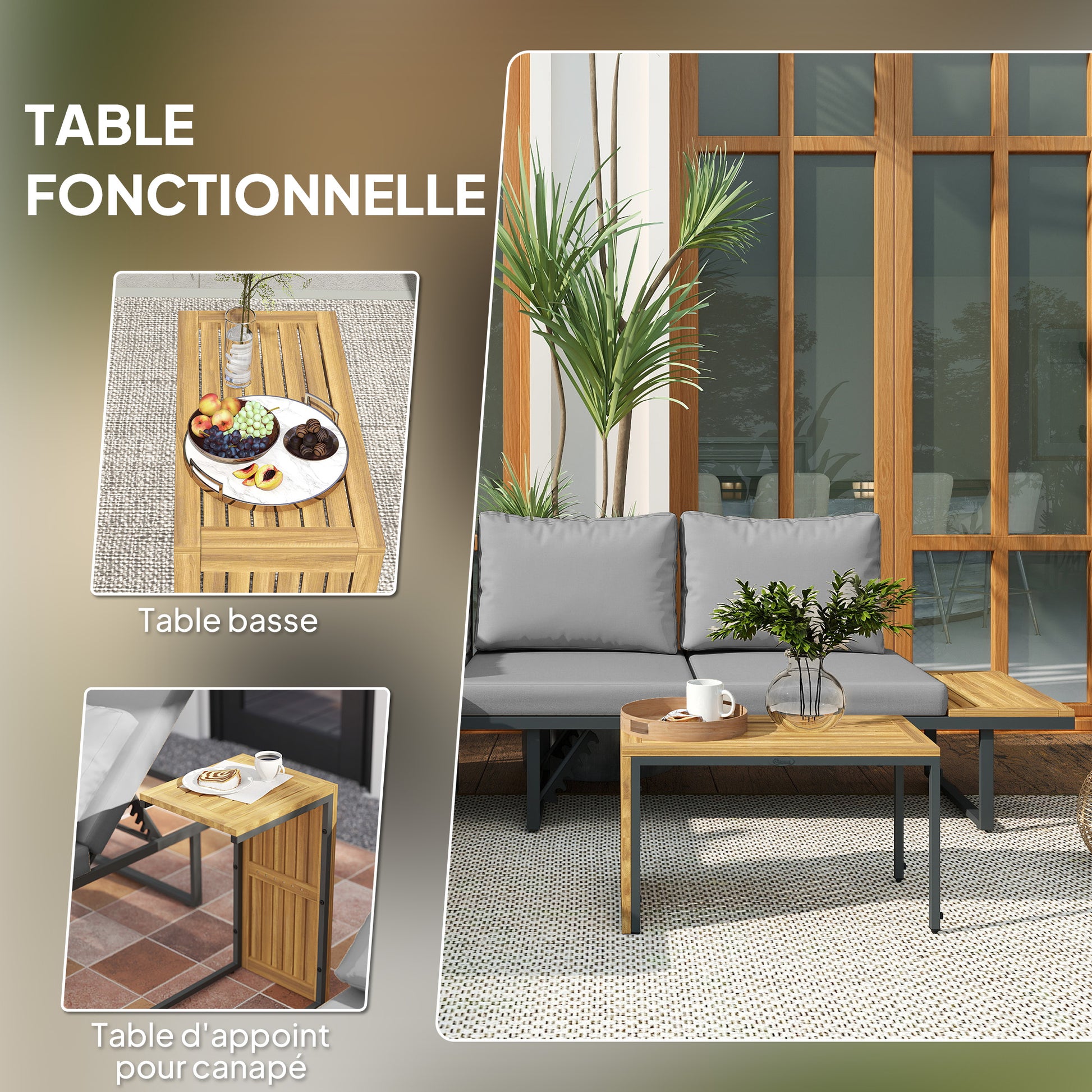 6-Seater Modular Outdoor Corner Garden Set in Acacia Wood with Sofas and Coffee Table, Adjustable Backrests and Cushions Included, Loungers for Garden, Patio, Terrace, Gray
