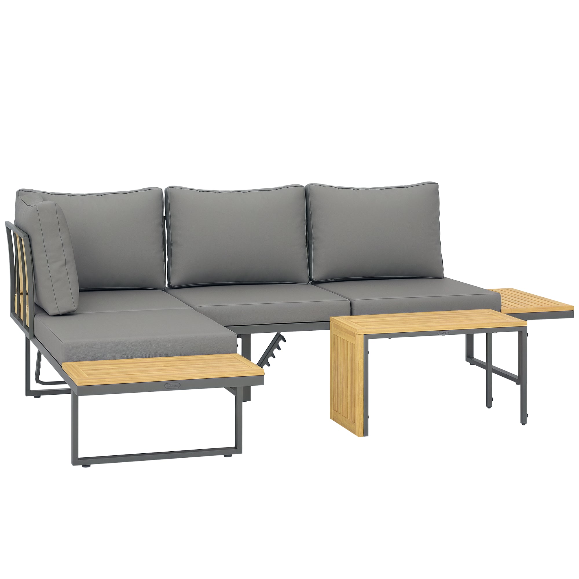 6-Seater Modular Outdoor Corner Garden Set in Acacia Wood with Sofas and Coffee Table, Adjustable Backrests and Cushions Included, Loungers for Garden, Patio, Terrace, Gray