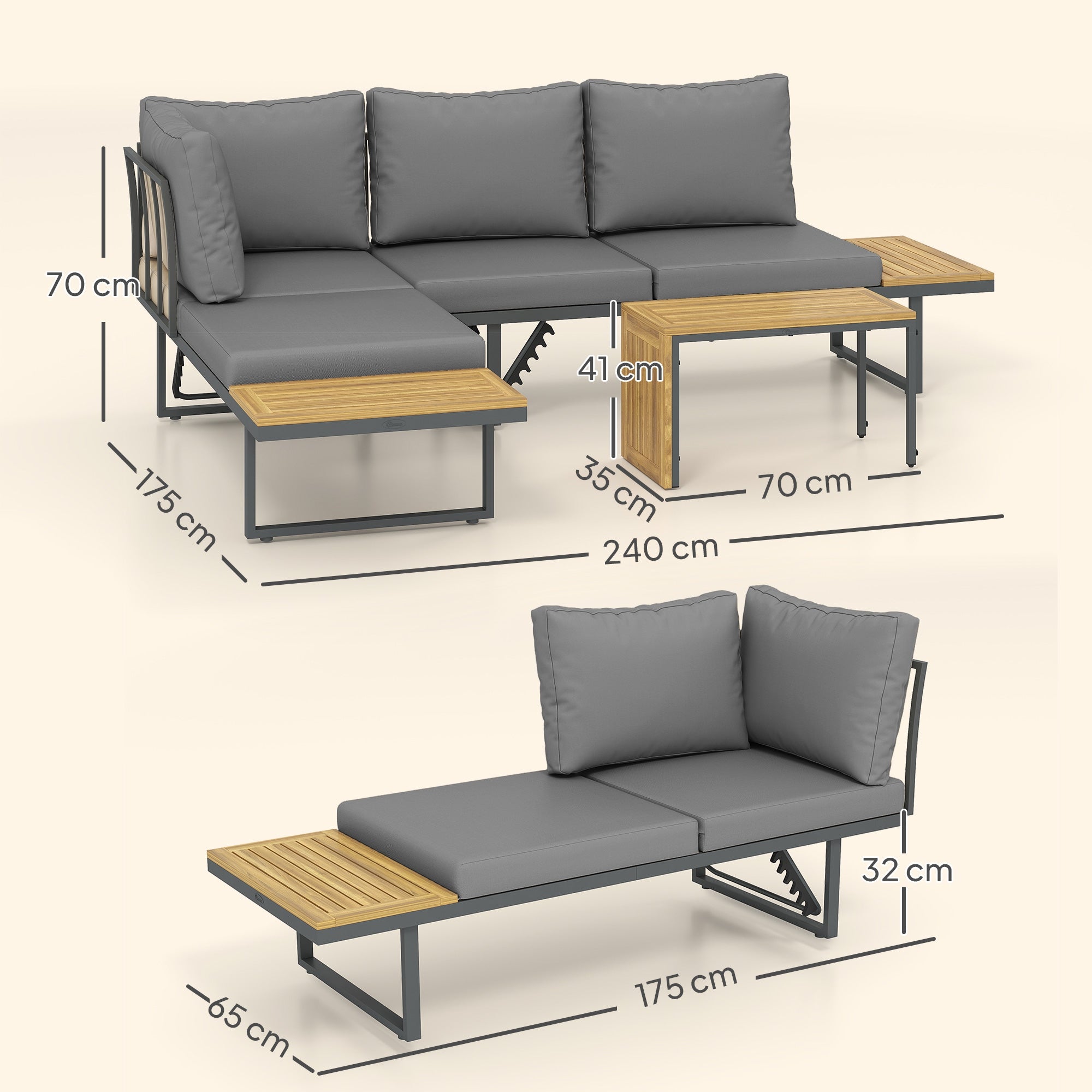 6-Seater Modular Outdoor Corner Garden Set in Acacia Wood with Sofas and Coffee Table, Adjustable Backrests and Cushions Included, Loungers for Garden, Patio, Terrace, Gray