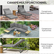6-Seater Modular Outdoor Corner Garden Set in Acacia Wood with Sofas and Coffee Table, Adjustable Backrests and Cushions Included, Loungers for Garden, Patio, Terrace, Gray