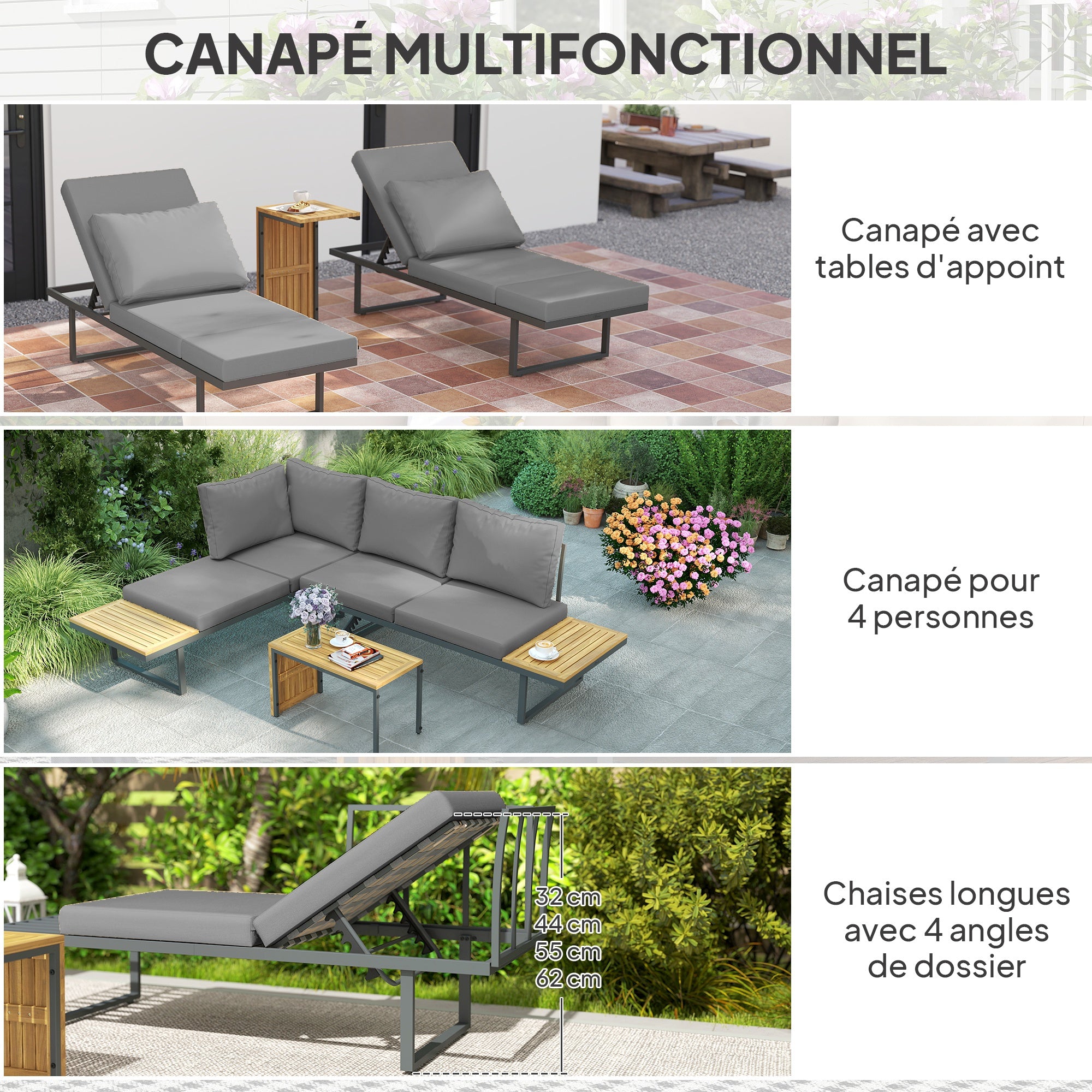 6-Seater Modular Outdoor Corner Garden Set in Acacia Wood with Sofas and Coffee Table, Adjustable Backrests and Cushions Included, Loungers for Garden, Patio, Terrace, Gray
