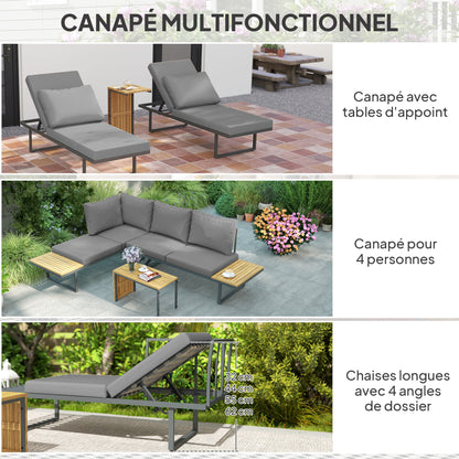 6-Seater Modular Outdoor Corner Garden Set in Acacia Wood with Sofas and Coffee Table, Adjustable Backrests and Cushions Included, Loungers for Garden, Patio, Terrace, Gray