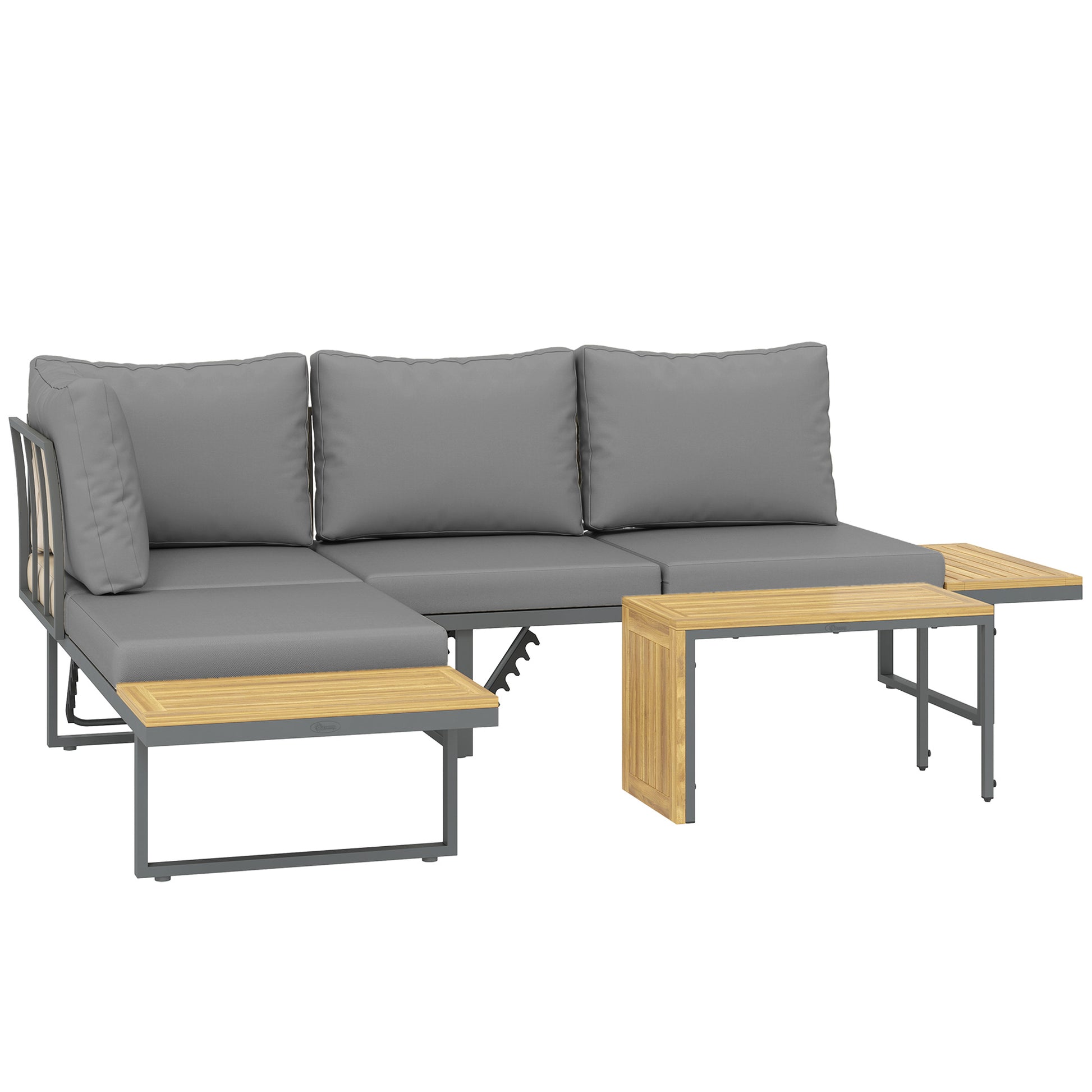 6-Seater Modular Outdoor Corner Garden Set in Acacia Wood with Sofas and Coffee Table, Adjustable Backrests and Cushions Included, Loungers for Garden, Patio, Terrace, Gray