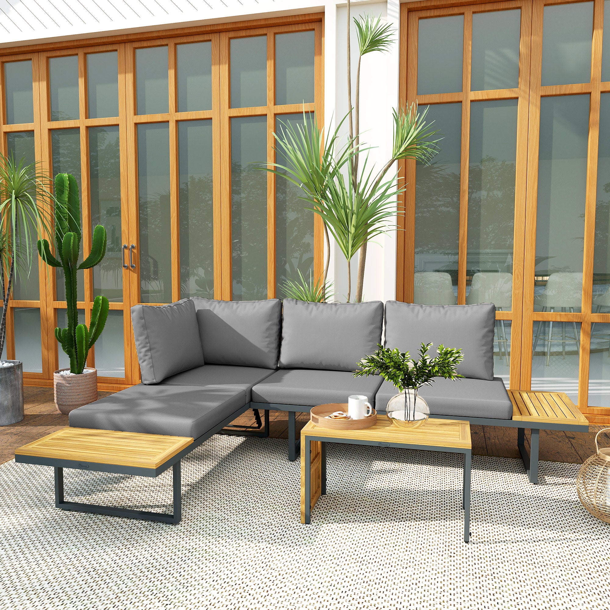 6-Seater Modular Outdoor Corner Garden Set in Acacia Wood with Sofas and Coffee Table, Adjustable Backrests and Cushions Included, Loungers for Garden, Patio, Terrace, Gray