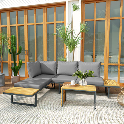 6-Seater Modular Outdoor Corner Garden Set in Acacia Wood with Sofas and Coffee Table, Adjustable Backrests and Cushions Included, Loungers for Garden, Patio, Terrace, Gray