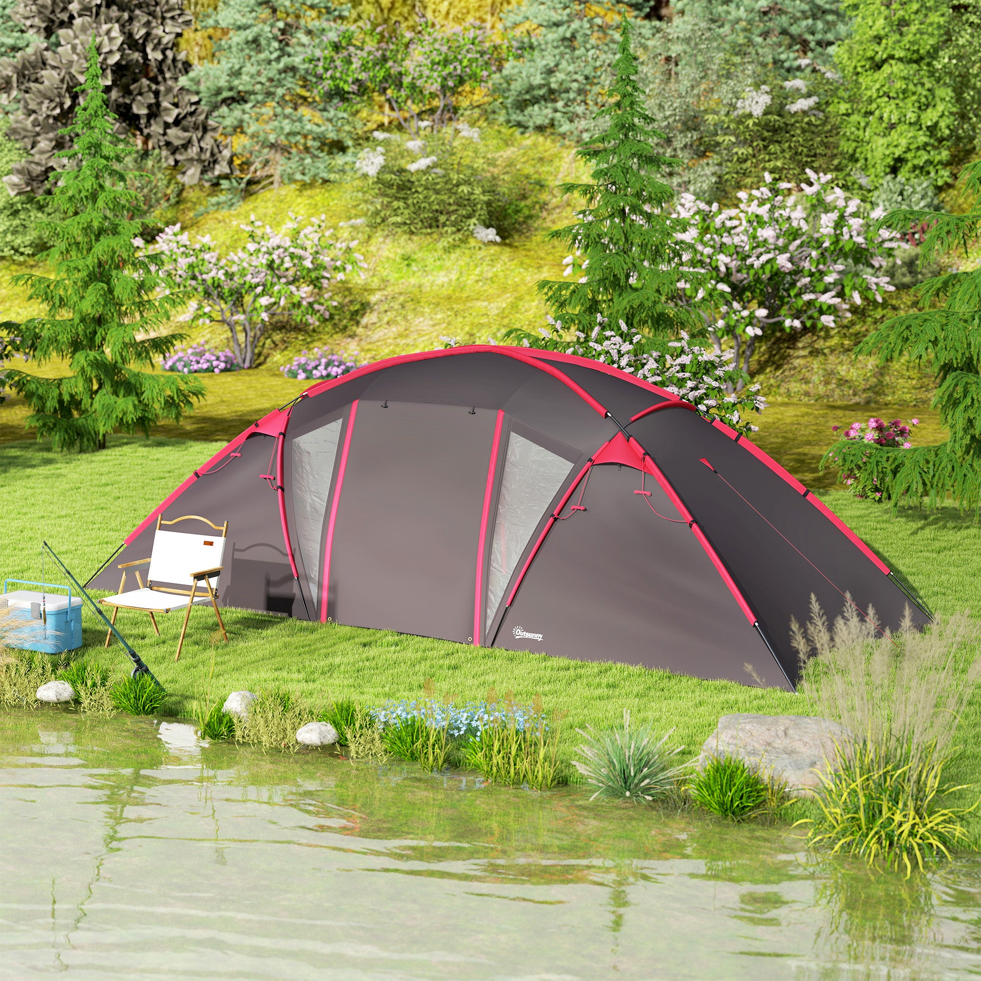 Tunnel Tent for 4-6 People, with 3 Rooms, Light Hook, Group Tent with Double Doors, 3000mm Water Resistant Family Tent, for Garden, Campsite, Grey