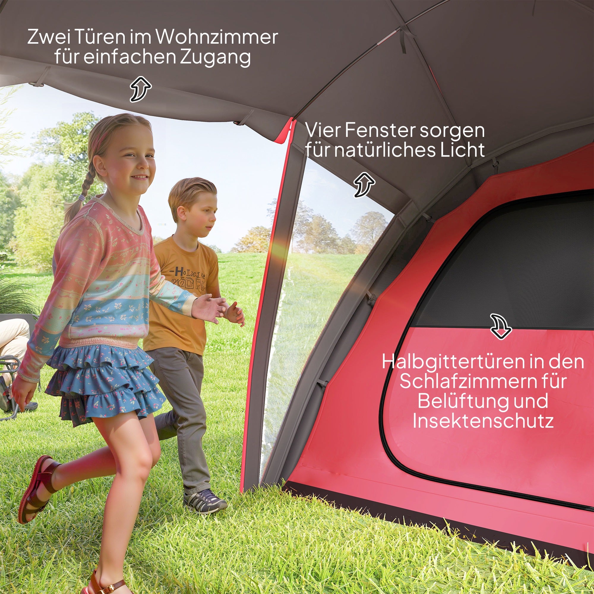 Tunnel Tent for 4-6 People, with 3 Rooms, Light Hook, Group Tent with Double Doors, 3000mm Water Resistant Family Tent, for Garden, Campsite, Grey