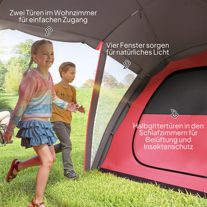 Tunnel Tent for 4-6 People, with 3 Rooms, Light Hook, Group Tent with Double Doors, 3000mm Water Resistant Family Tent, for Garden, Campsite, Grey