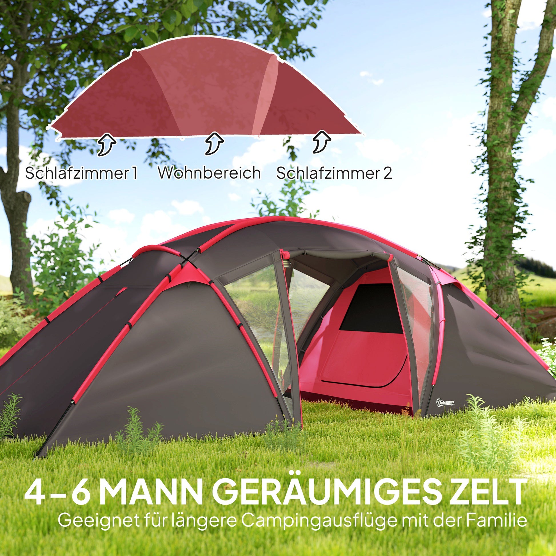 Tunnel Tent for 4-6 People, with 3 Rooms, Light Hook, Group Tent with Double Doors, 3000mm Water Resistant Family Tent, for Garden, Campsite, Grey