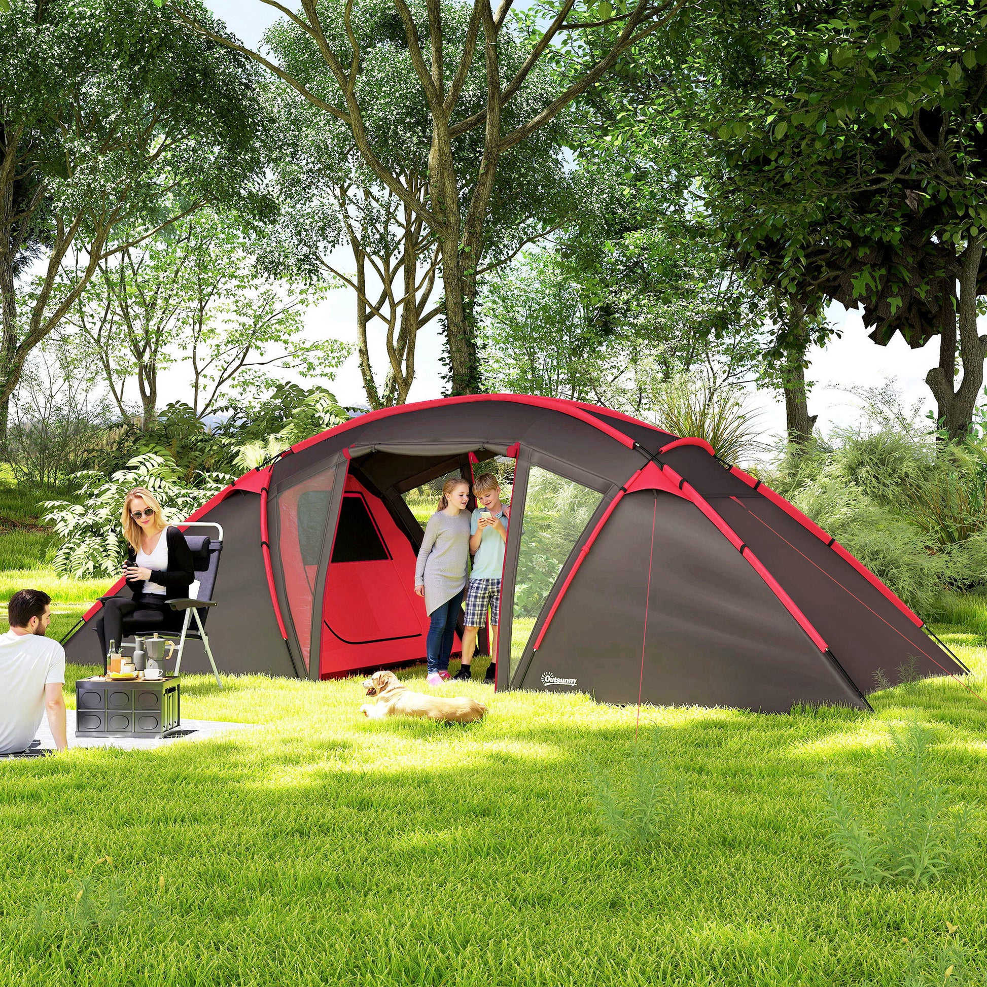 Tunnel Tent for 4-6 People, with 3 Rooms, Light Hook, Group Tent with Double Doors, 3000mm Water Resistant Family Tent, for Garden, Campsite, Grey