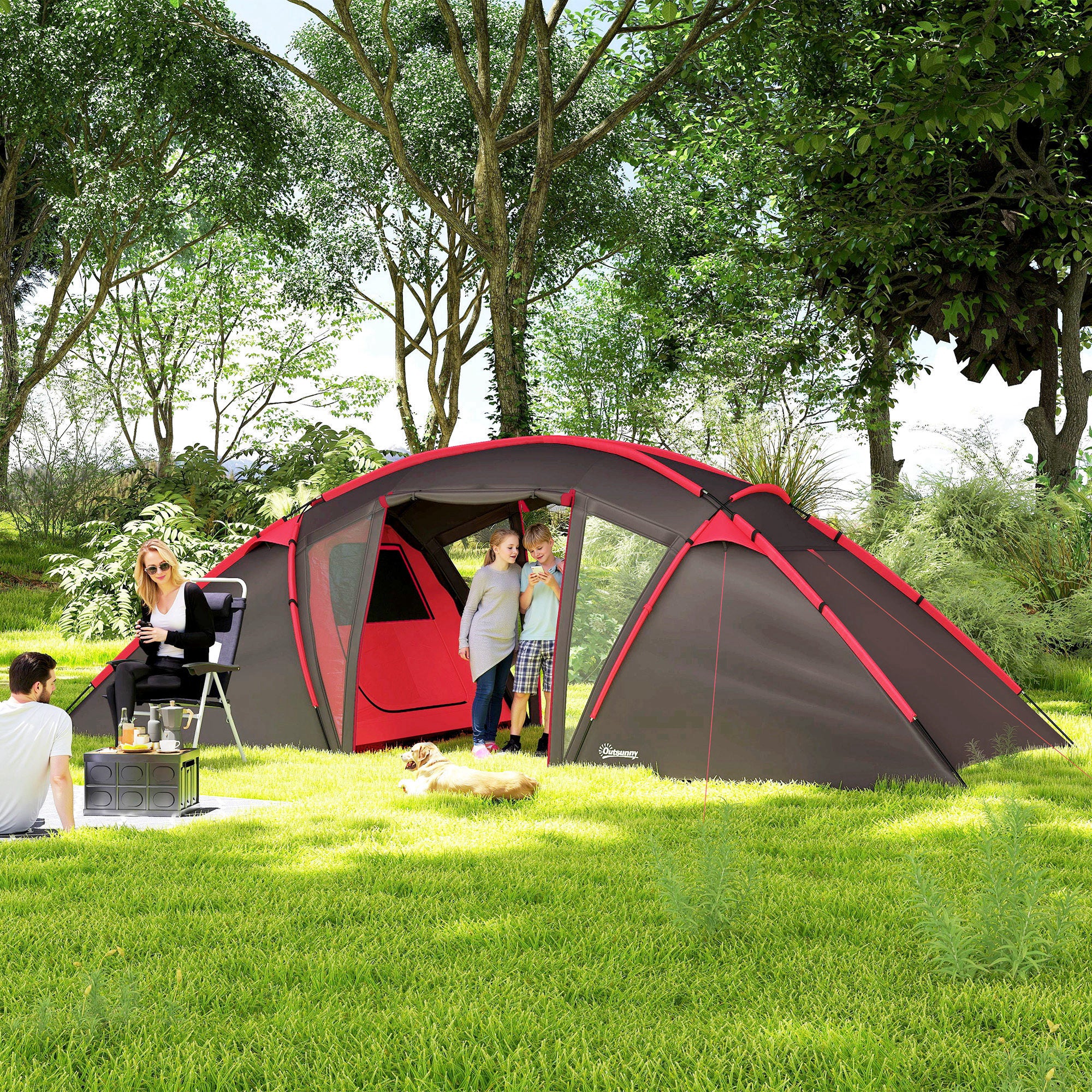 Tunnel Tent for 4-6 People, with 3 Rooms, Light Hook, Group Tent with Double Doors, 3000mm Water Resistant Family Tent, for Garden, Campsite, Grey