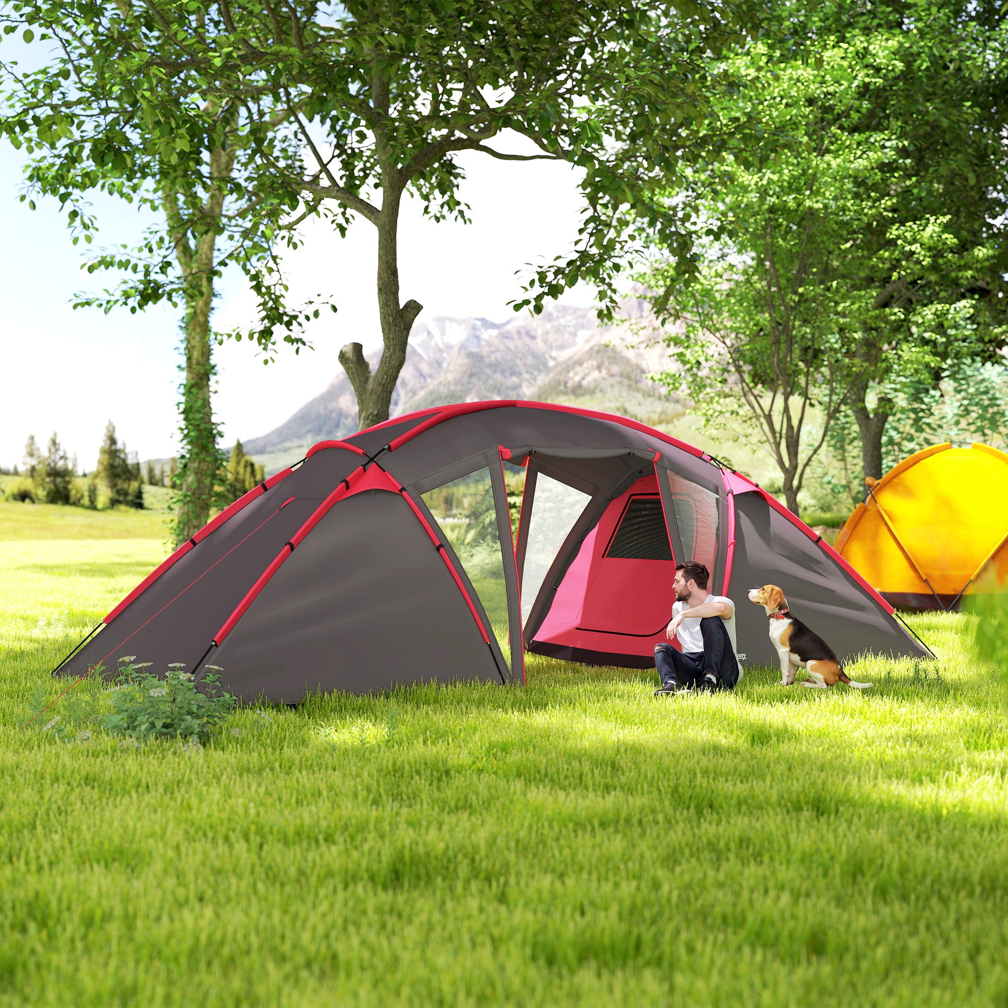 Tunnel Tent for 4-6 People, with 3 Rooms, Light Hook, Group Tent with Double Doors, 3000mm Water Resistant Family Tent, for Garden, Campsite, Grey