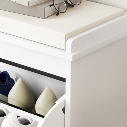 Shoe Bench Shoe Cabinet with Padded Seat Cushion and Fold-Out Drawer, Entryway Bench for Hallway, Bedroom, Holds 120 KG, 62 x 26 x 47.5 cm, White