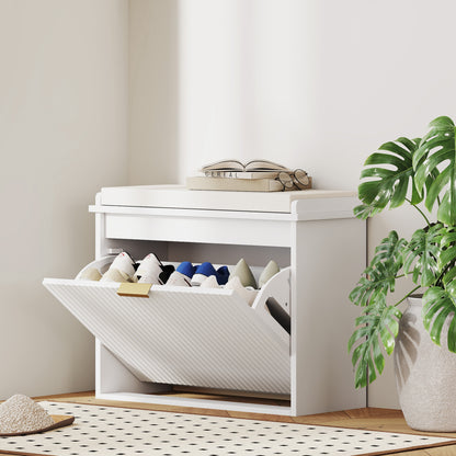 Shoe Bench Shoe Cabinet with Padded Seat Cushion and Fold-Out Drawer, Entryway Bench for Hallway, Bedroom, Holds 120 KG, 62 x 26 x 47.5 cm, White