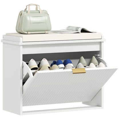 Shoe Bench Shoe Cabinet with Padded Seat Cushion and Fold-Out Drawer, Entryway Bench for Hallway, Bedroom, Holds 120 KG, 62 x 26 x 47.5 cm, White