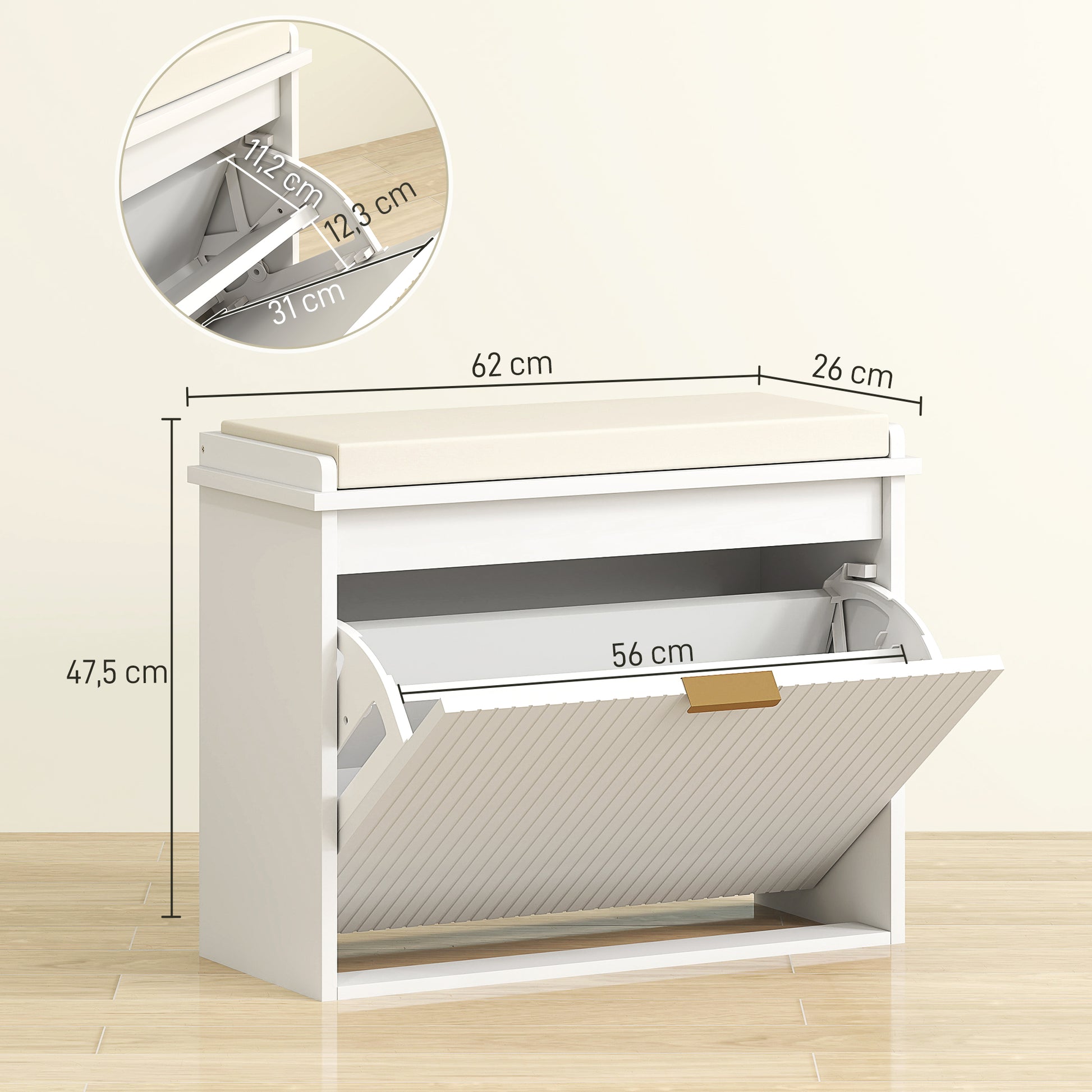 Shoe Bench Shoe Cabinet with Padded Seat Cushion and Fold-Out Drawer, Entryway Bench for Hallway, Bedroom, Holds 120 KG, 62 x 26 x 47.5 cm, White