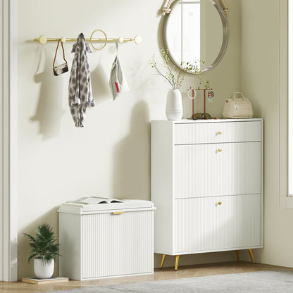 Shoe Bench Shoe Cabinet with Padded Seat Cushion and Fold-Out Drawer, Entryway Bench for Hallway, Bedroom, Holds 120 KG, 62 x 26 x 47.5 cm, White