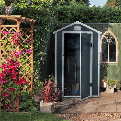 Plastic Tool Shed 1.9m² 134x104x204cm Equipment Shed with Gable Roof Door Weatherproof Garden Shed Outdoor Garden Shed Cabinet for Backyard Outdoor Area Dark Gray