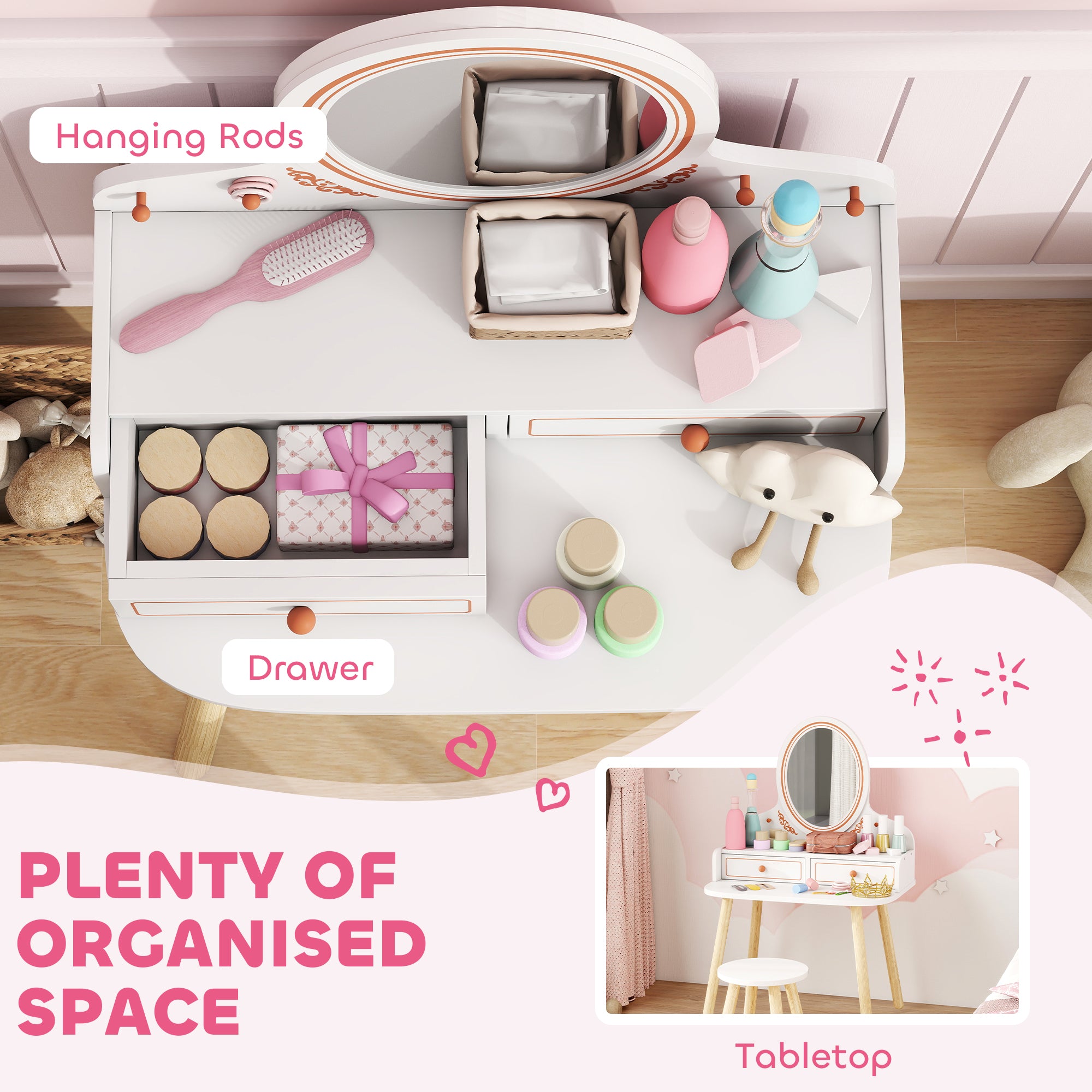 Kids Vanity Set with Stool & Mirror — Makeup Table with Drawers & Hanging Rods for Girls, Ages 3–8 — White
