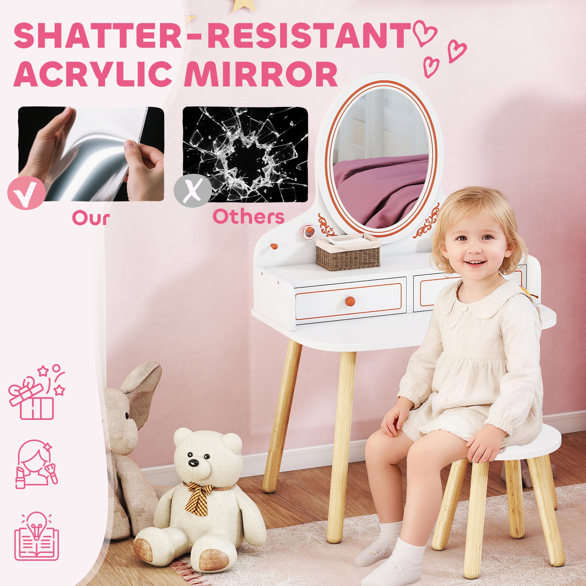 Kids Vanity Set with Stool & Mirror — Makeup Table with Drawers & Hanging Rods for Girls, Ages 3–8 — White