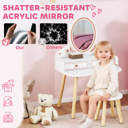 Kids Vanity Set with Stool & Mirror — Makeup Table with Drawers & Hanging Rods for Girls, Ages 3–8 — White