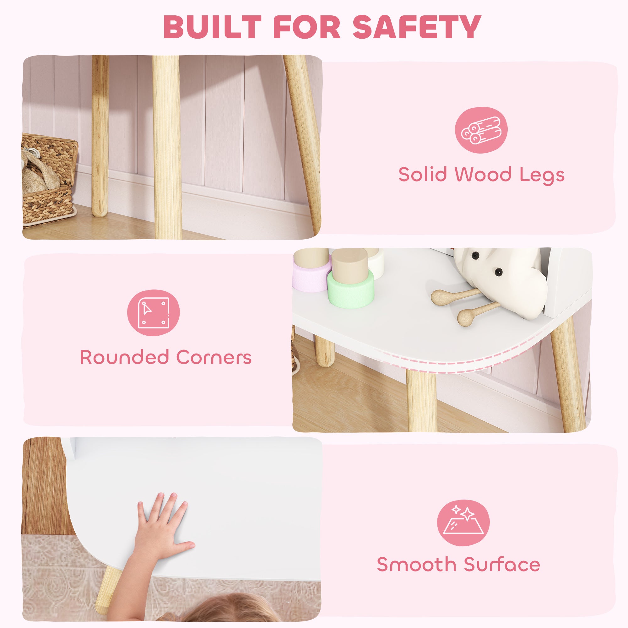 Kids Vanity Set with Stool & Mirror — Makeup Table with Drawers & Hanging Rods for Girls, Ages 3–8 — White